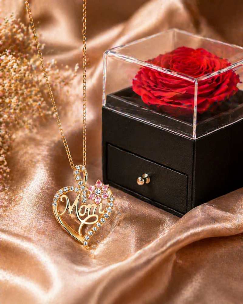 Heart Pendant Necklace for Mom with Rose Gift Box