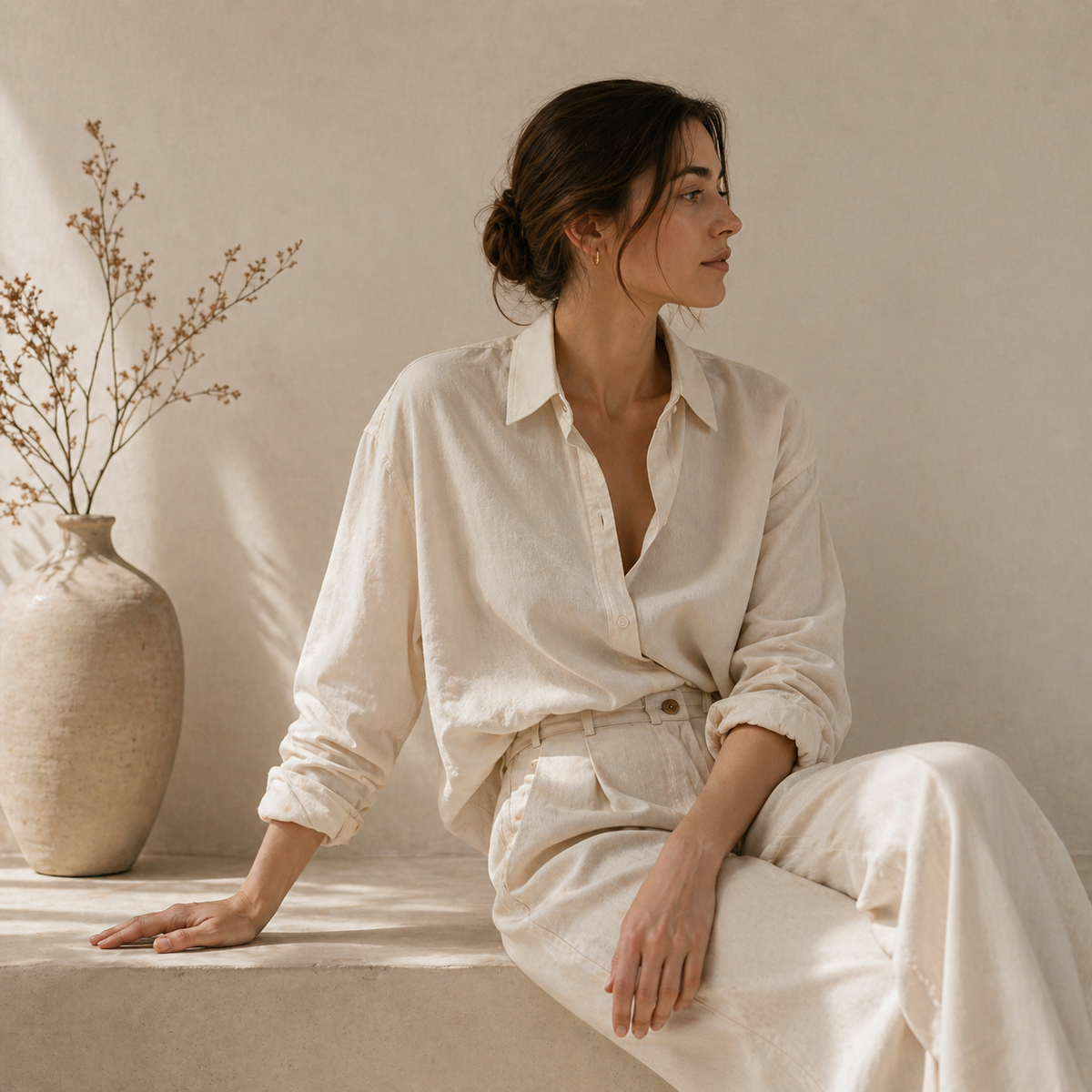 Krémszínű kötött ruhát hajtogató kezek egy műhelyben